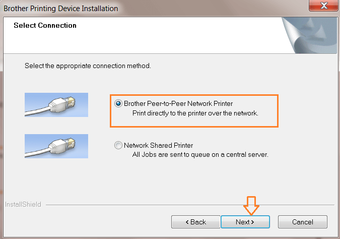 Bước 3: Chọn kết nối mạng Lan: Brother Peer-to-Peer Network Printer. Kết nối cắm dây mạng lan trực tiếp vào máy in. Chứ không phải share máy in qua mạng. Nhấn Next.
