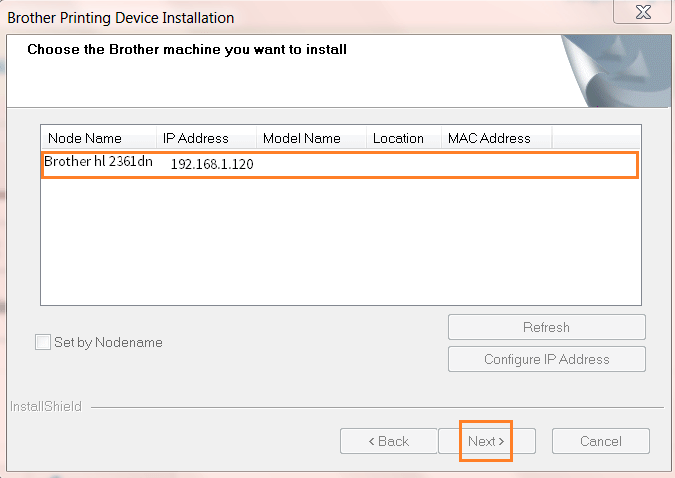 Bước 5: Đợi máy tính chạy kết nối cài đặt, tìm kiếm máy in brother  trong mạng Lan. Nếu máy tính tìm thấy mấy in sẽ hiện thị ra hộp thoại, có tên máy in. Chọn tên máy in brother và nhấn Next.