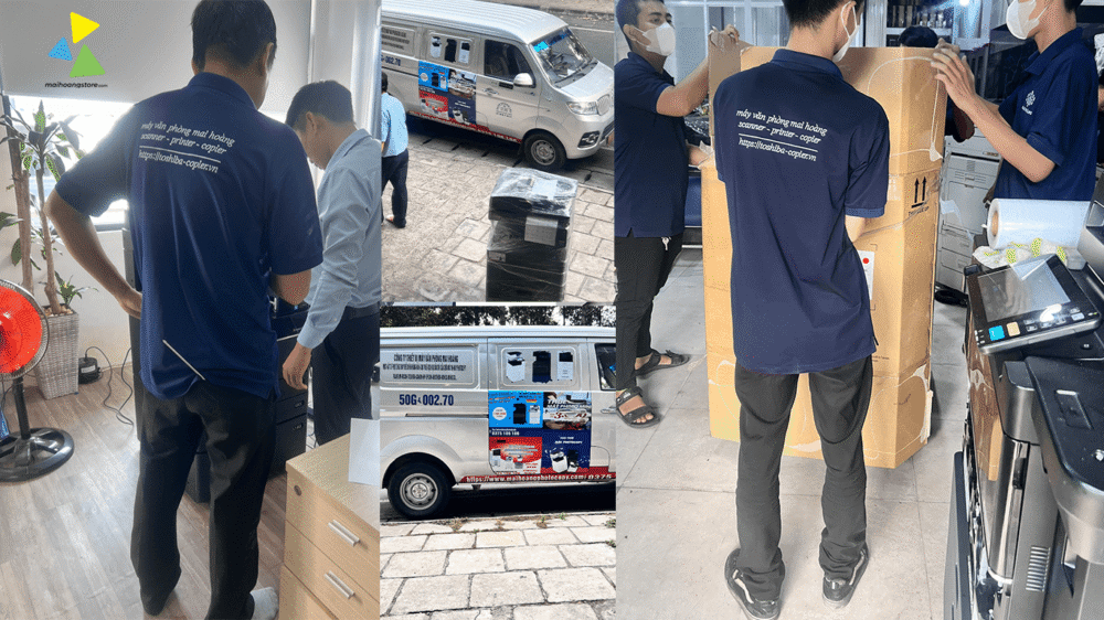 Đội ngũ Mai Hoàng chuẩn bị thiết bị cùng xe vận chuyển máy photocopy