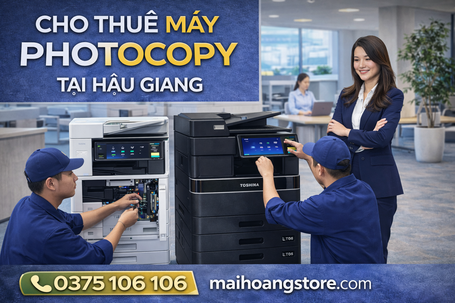 Cho thuê máy photocopy Hậu Giang giá rẻ, máy mới 100%, miễn phí mực & bảo trì. Hỗ trợ tận nơi nhanh chóng, phù hợp doanh nghiệp & trường học.