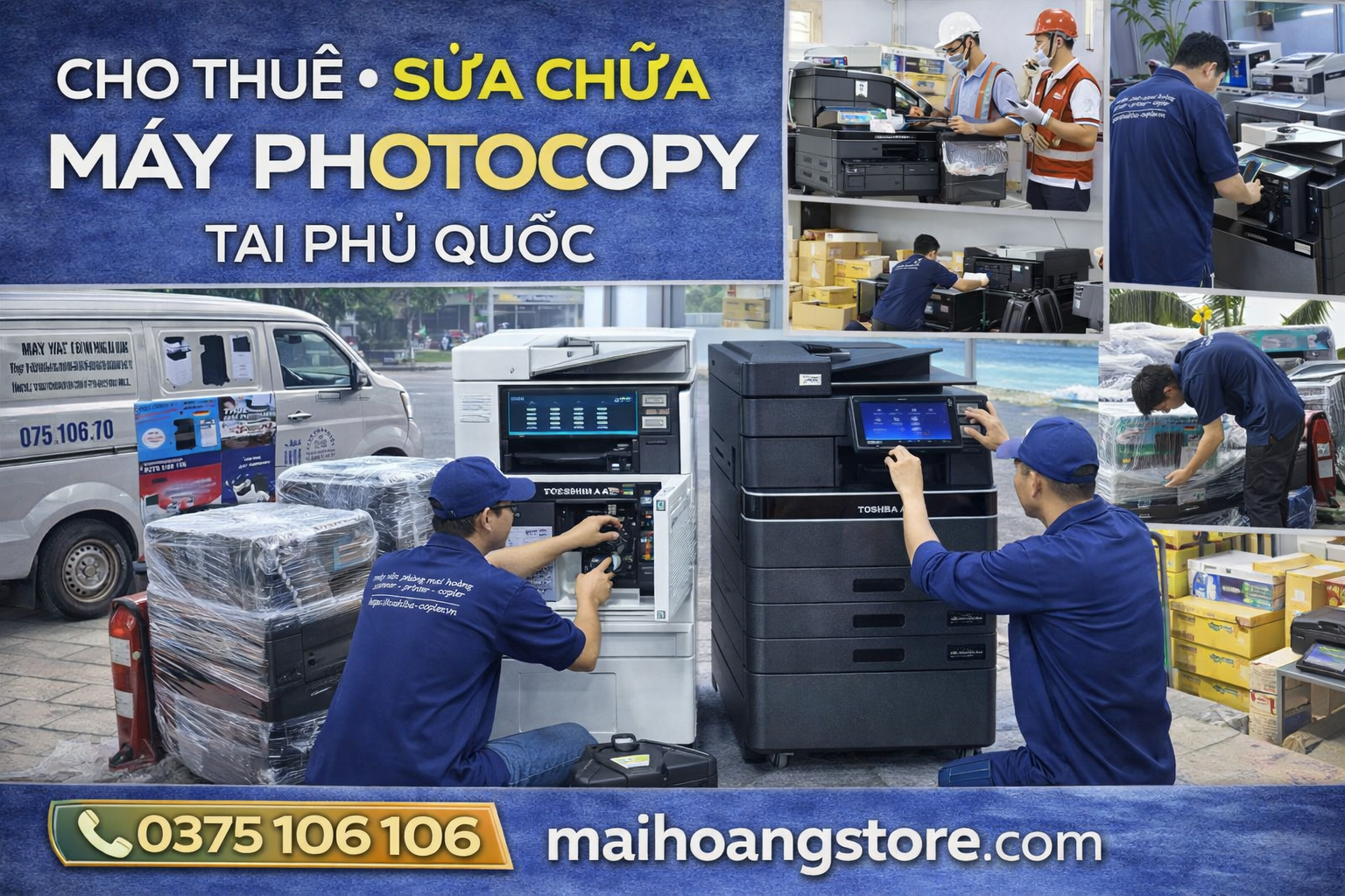 Cho thuê máy photocopy Phú Quốc giá rẻ, máy đời mới Ricoh, Canon, Toshiba. Miễn phí mực, bảo trì, hỗ trợ tận nơi nhanh chóng.