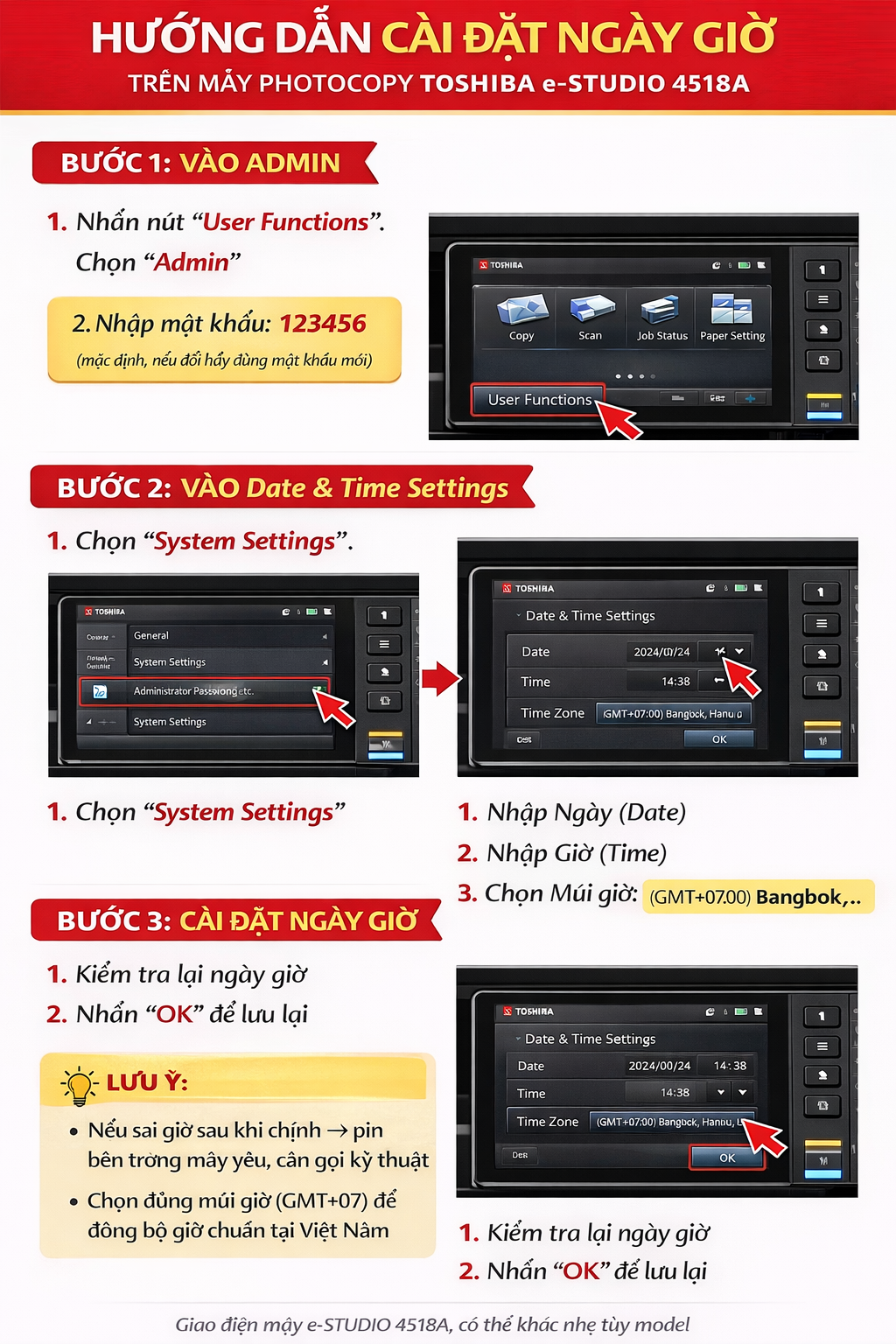 Hướng dẫn cài đặt ngày giờ trên máy photocopy Toshiba e-STUDIO