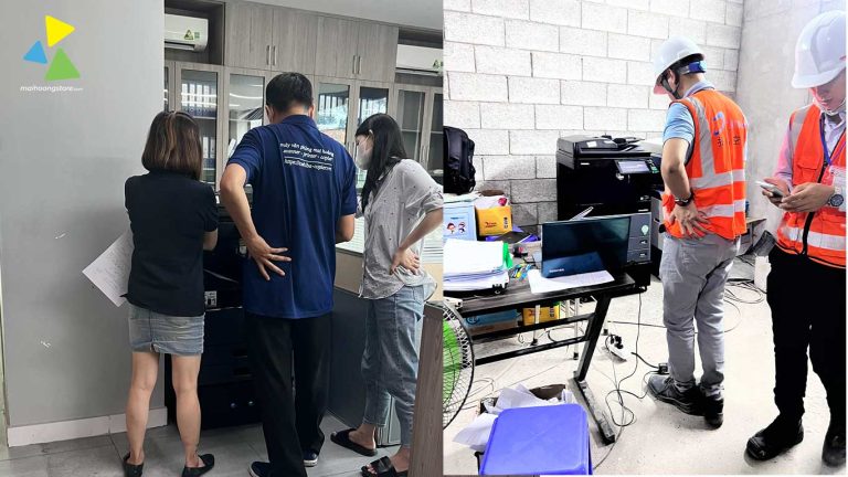 Kỹ thuật viên Mai Hoàng hướng dẫn khách hàng và máy photocopy tại công trình