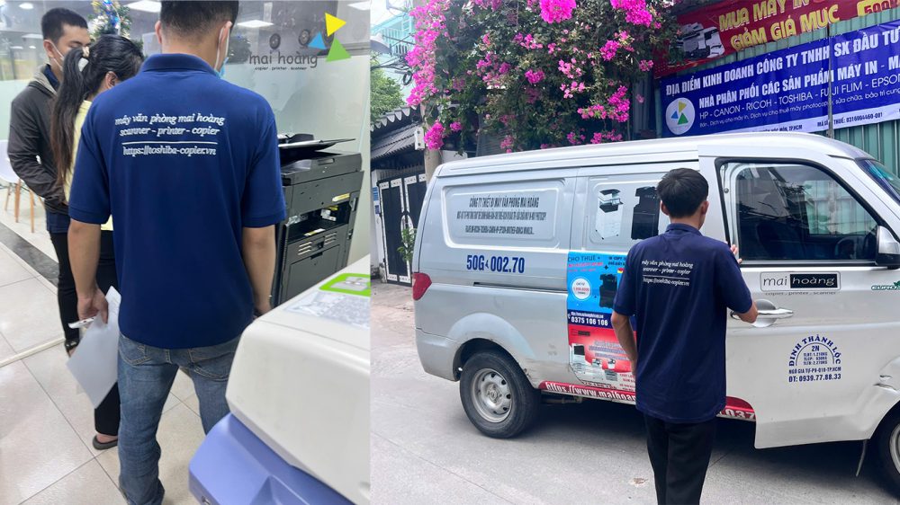 Nhân viên Mai Hoàng hỗ trợ sử dụng máy photocopy và chuẩn bị xe giao máy