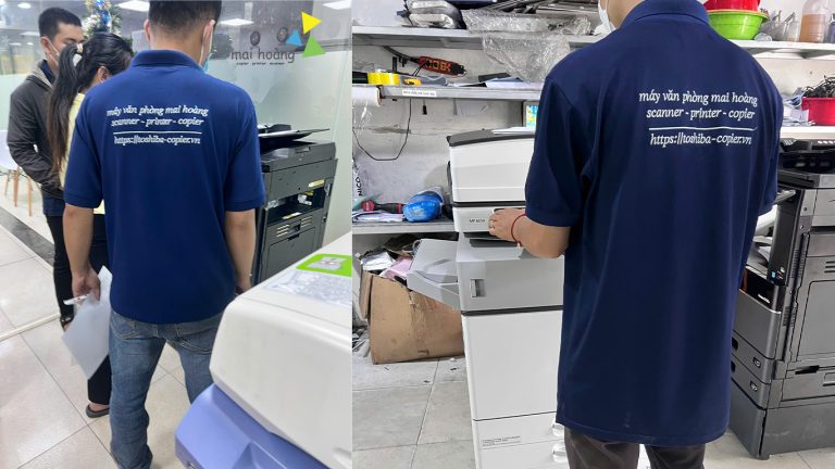 Nhân viên Mai Hoàng kiểm tra máy photocopy và hỗ trợ người sử dụng