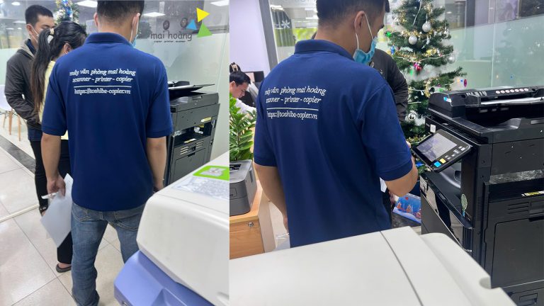 Nhân viên Mai Hoàng trao đổi nhu cầu và kiểm tra thiết bị photocopy