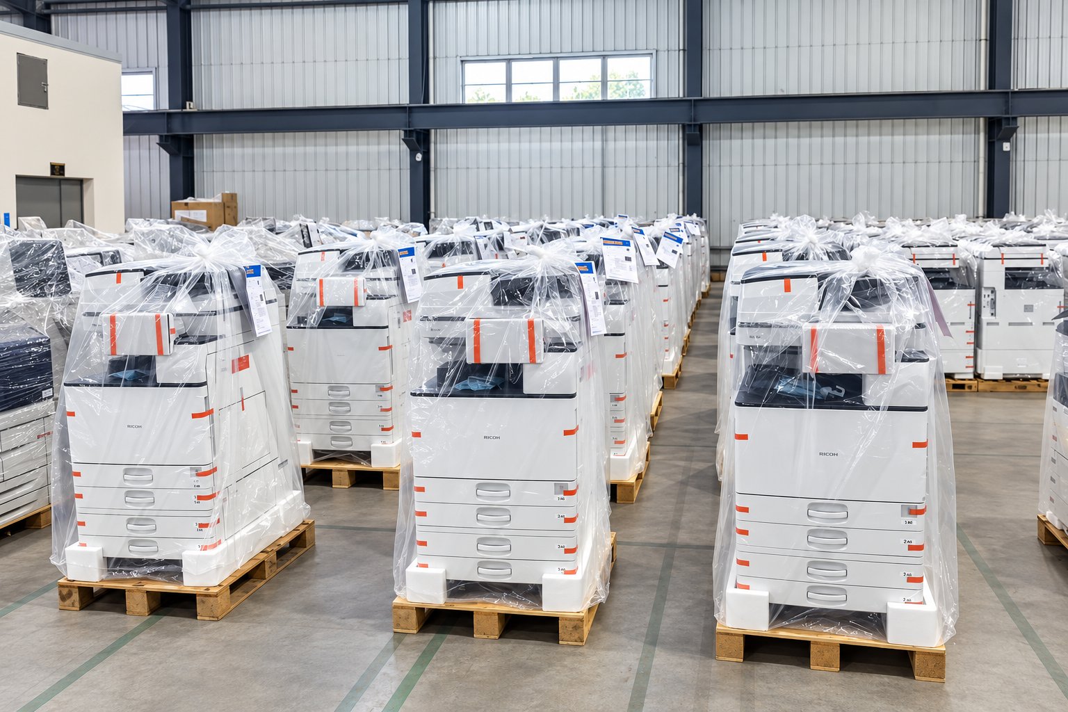 Các máy photocopy được đóng gói tại kho, ảnh biên tập AI từ ảnh cung cấp