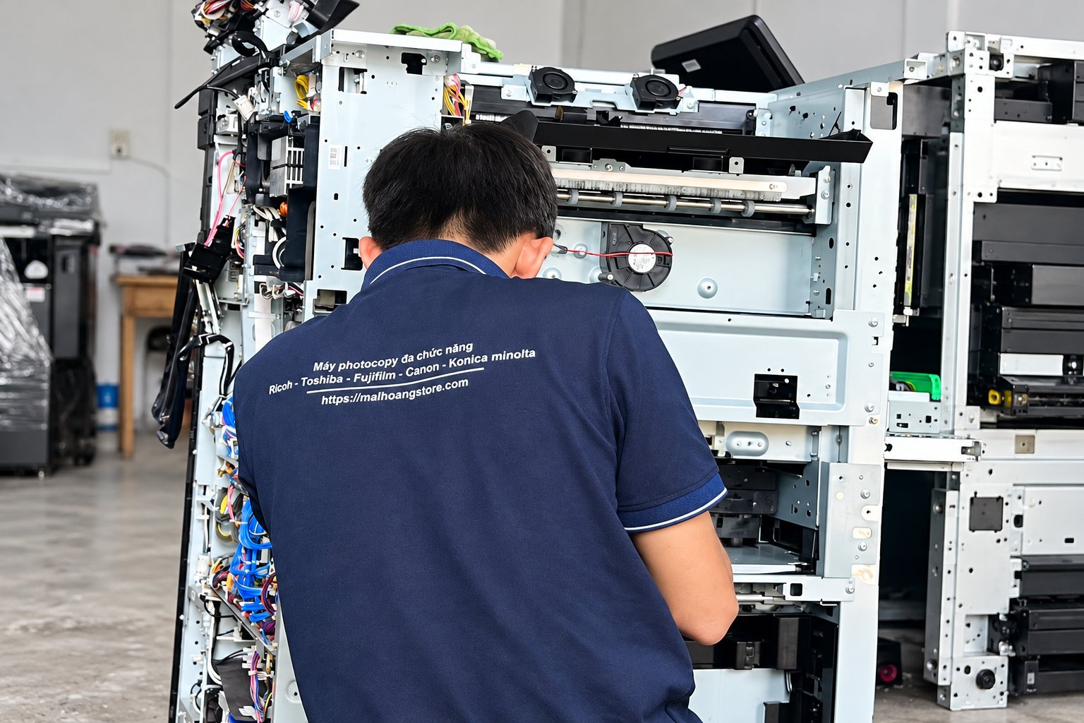 Kỹ thuật viên Mai Hoàng bảo trì máy photocopy, ảnh biên tập AI từ ảnh cung cấp